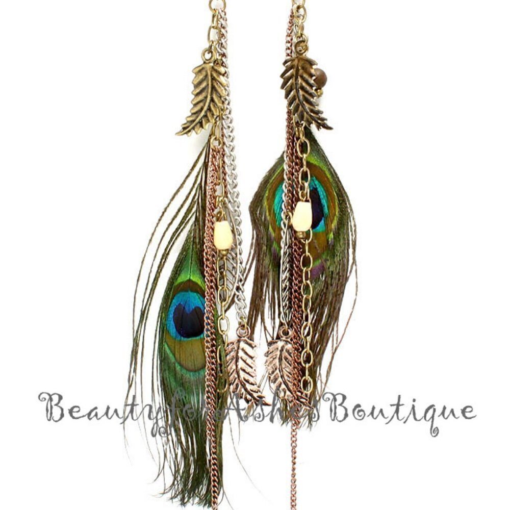 Beauty for Ashes Eyes to See Tritone 6.5" Peacock Feather Rustic Wood Earrings